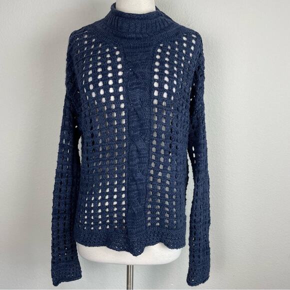 Free People Navy Open Knit Mock Neck Sweater XS - Picture 1 of 6